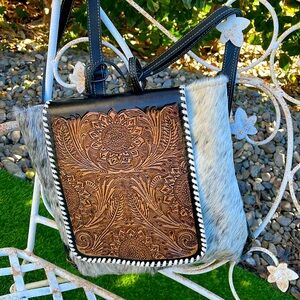 Myra brown tooled leather cowhide backpack purse tote bag
